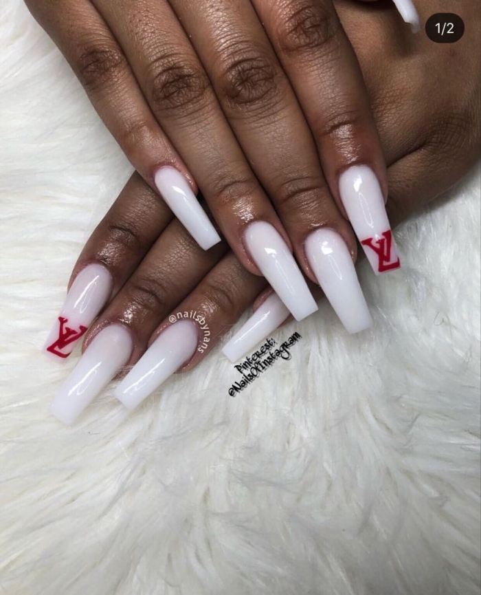 Luxury red and white Louis Vuitton inspired nails #redandwhite #red #white  #rednails #whitenails #lou…
